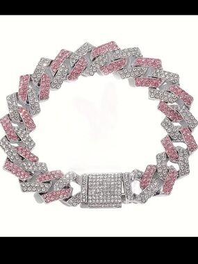 Silver & Pink Crystal Cuban Link Bracelet - Women Jewelry